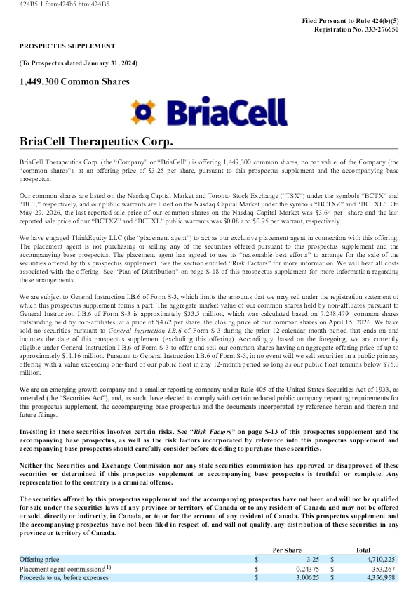 BriaCell Therapeutics Corp 美股招股说明书（2026年6月2日版）
