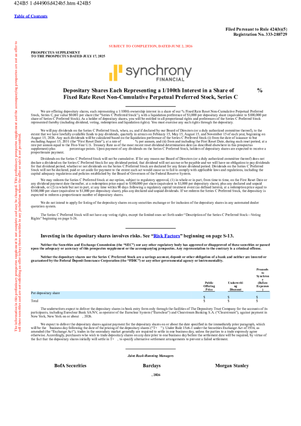 Synchrony Financial美股招股说明书(2026-06-02版)