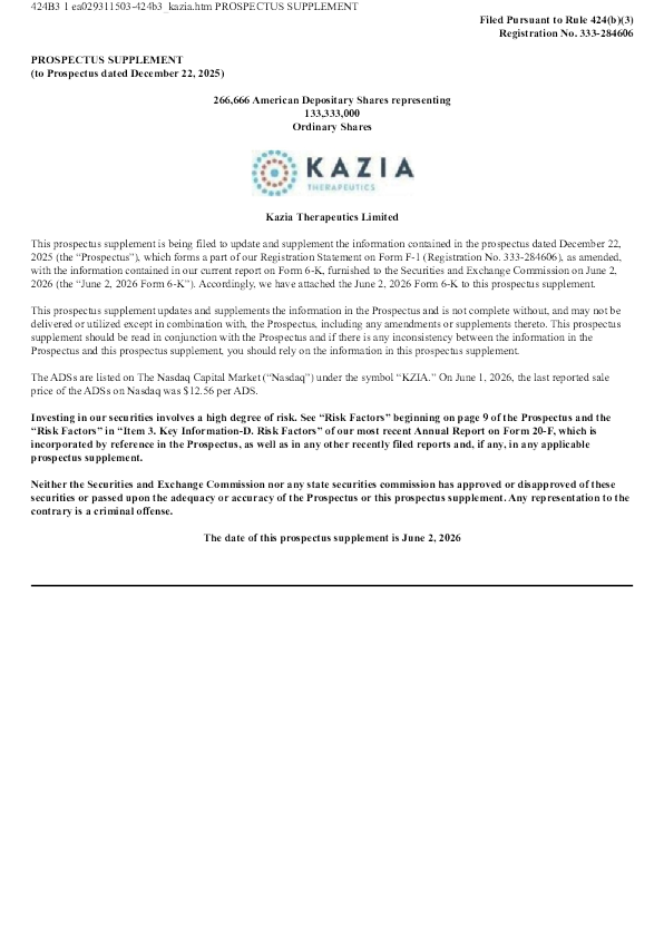 Kazia Therapeutics Ltd ADR美股招股说明书(2026-06-02版)