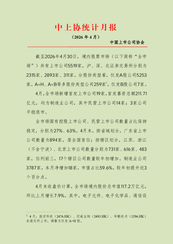中上协统计月报（2026年4月）