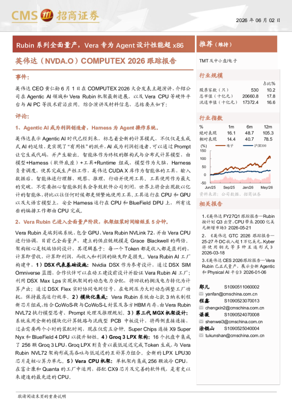 电子行业：英伟达(NVDA.O)COMPUTEX+2026跟踪报告，Rubin系列全面量产，Vera专为Agent设计性能超x86