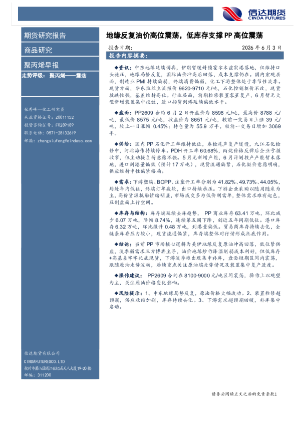 聚丙烯早报：地缘反复油价高位震荡，低库存支撑PP高位震荡