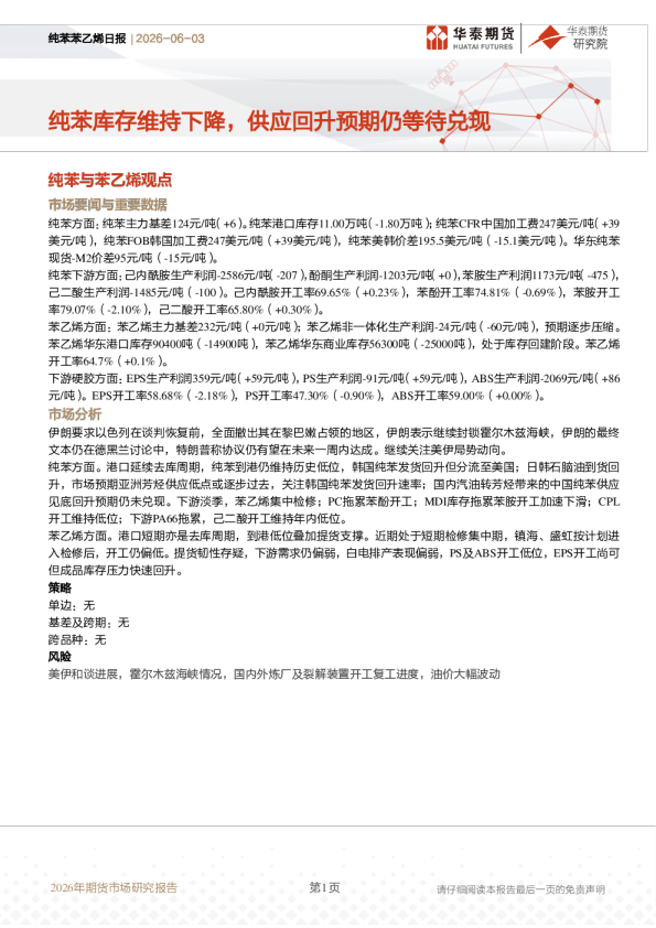 纯苯苯乙烯日报：纯苯库存维持下降，供应回升预期仍等待兑现