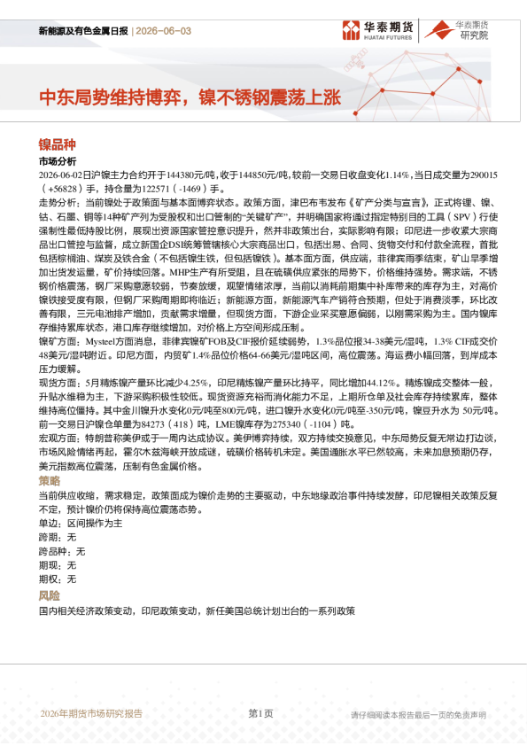 新能源及有色金属日报：中东局势维持博弈，镍不锈钢震荡上涨