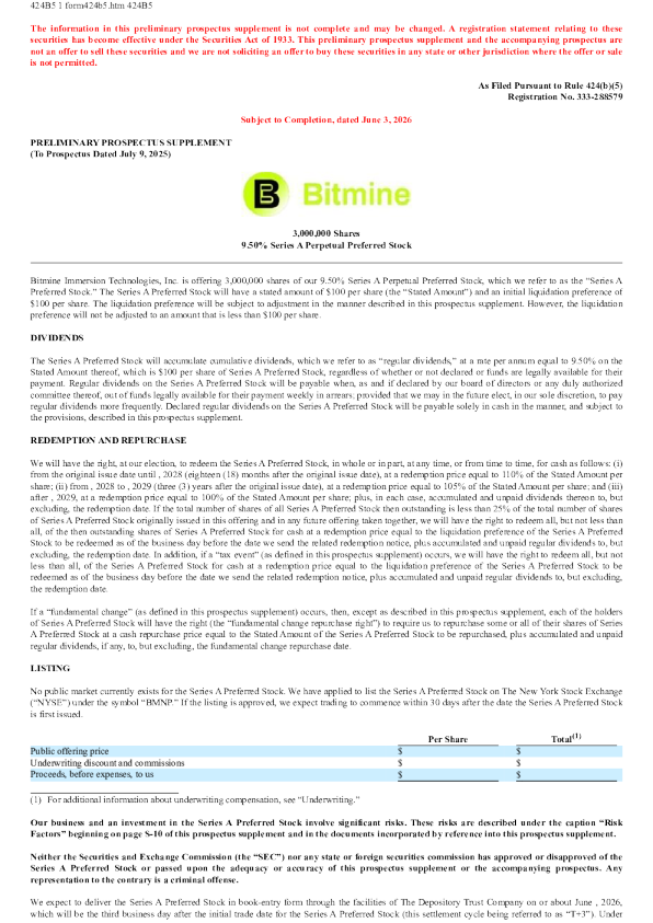 Bitmine Immersion Technologies美股招股说明书(2026-06-03版)