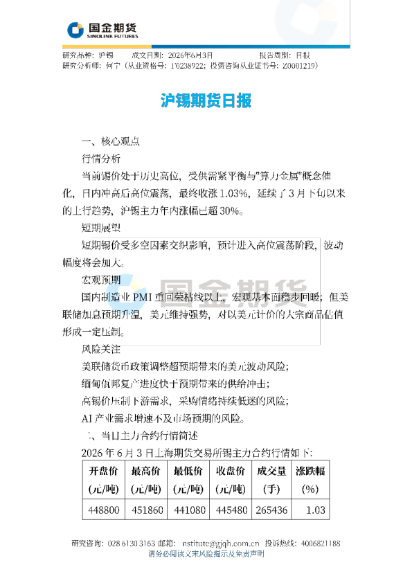 沪锡期货日报