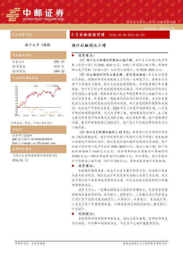 银行5月金融数据前瞻：预计社融同比少增