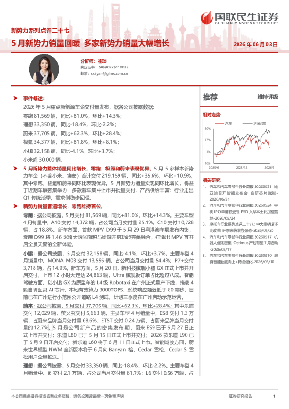 新势力系列点评二十七：5月新势力销量回暖，多家新势力销量大幅增长
