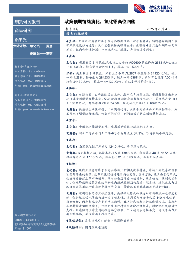 铝早报：政策预期情绪消化，氧化铝高位回落