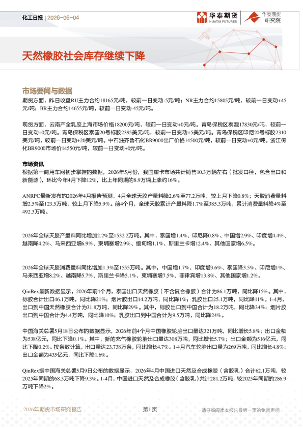 化工日报：天然橡胶社会库存继续下降