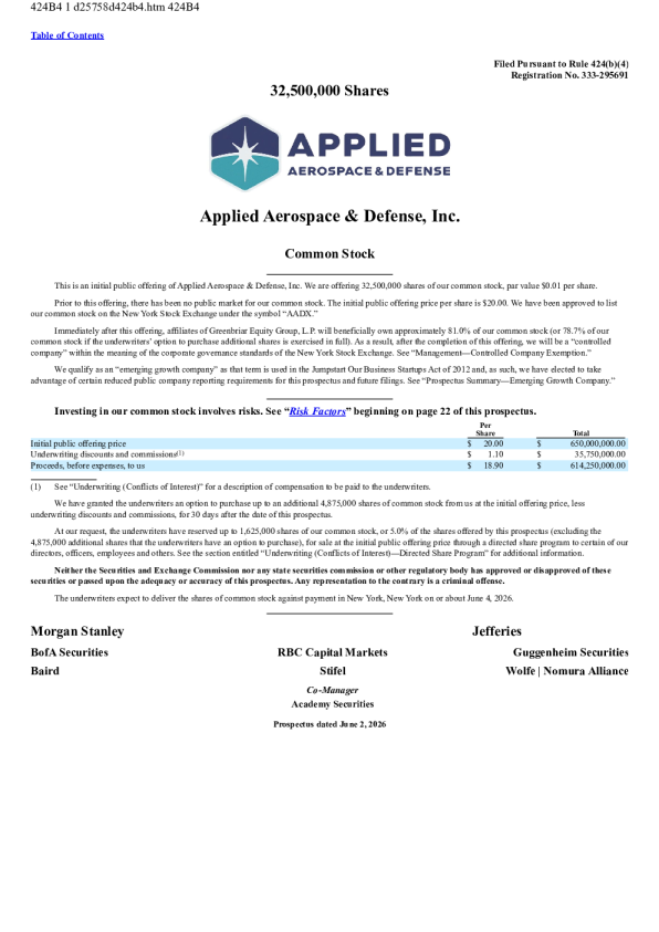 Applied Aerospace & Defense Inc美股招股说明书(2026-06-04版)