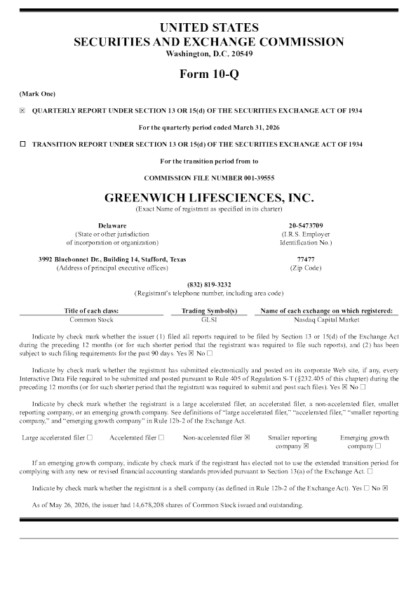 Greenwich LifeSciences Inc. 2026年季度报告