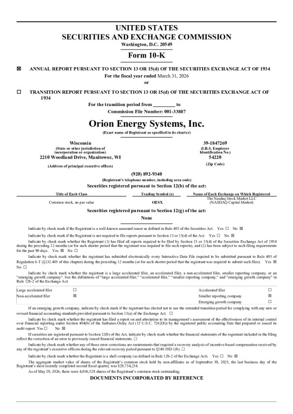 Orion Energy Systems Inc 2025年度报告