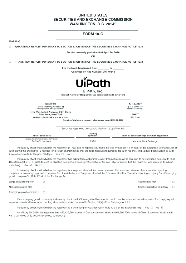 UiPath Inc-A 2026年季度报告