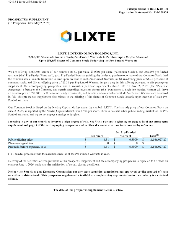 Lixte Biotechnology Holdings Inc美股招股说明书(2026-06-04版)