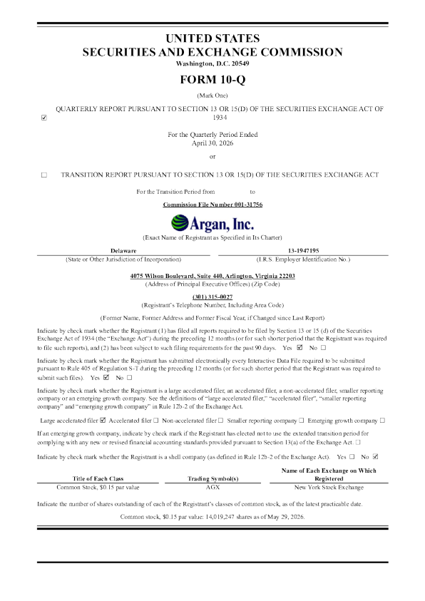 Argan 2026年季度报告