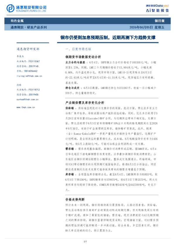 铜日报：铜市仍受到加息预期压制，近期再测下方趋势支撑