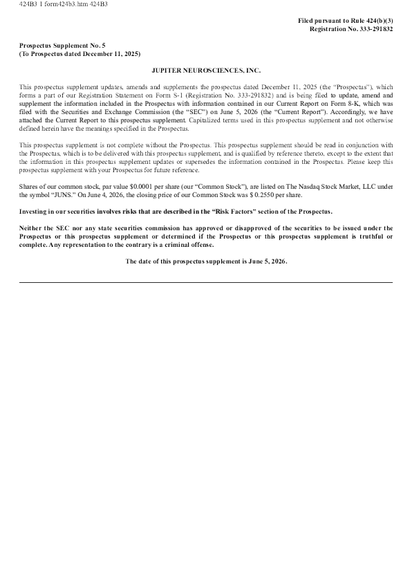 Jupiter Neurosciences Inc美股招股说明书(2026-06-05版)