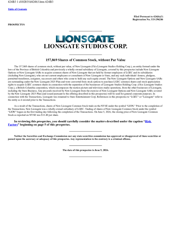 Lionsgate Studios Corp美股招股说明书(2026-06-05版)
