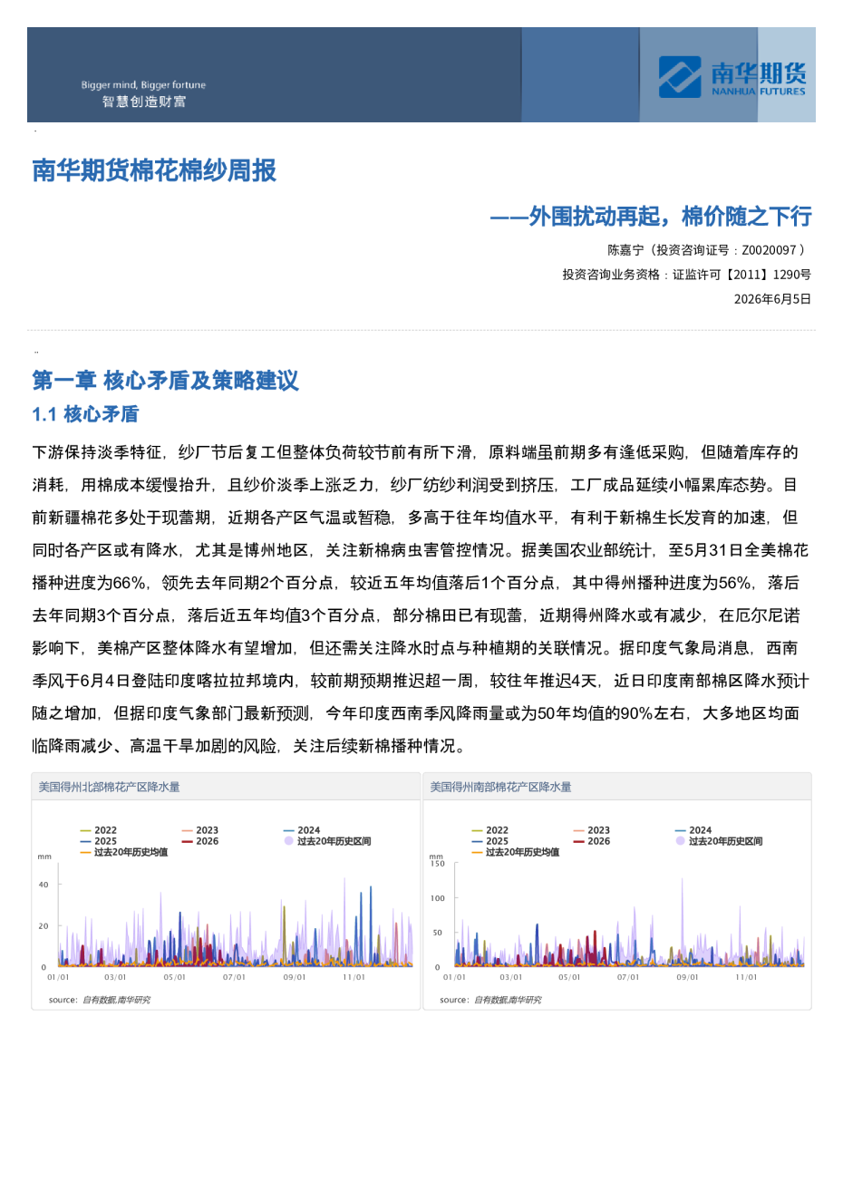 南华期货棉花棉纱周报：外围扰动再起，棉价随之下行20260606