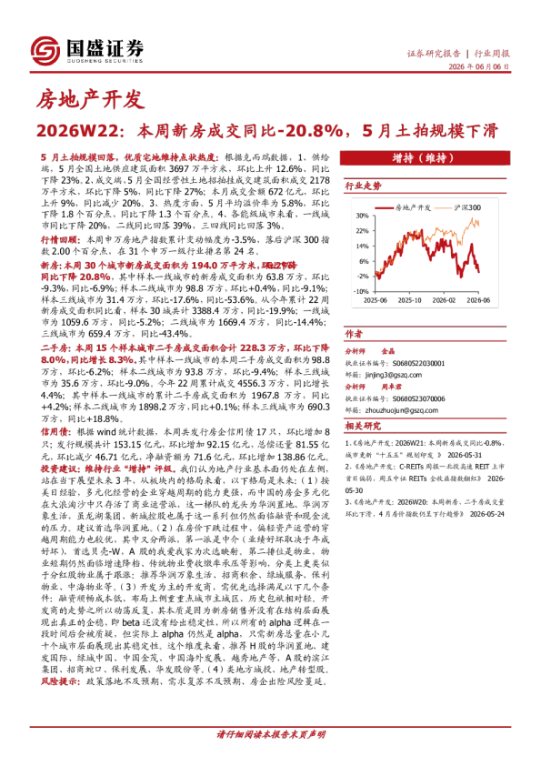 房地产开发2026W22：本周新房成交同比-20.8%，5月土拍规模下滑