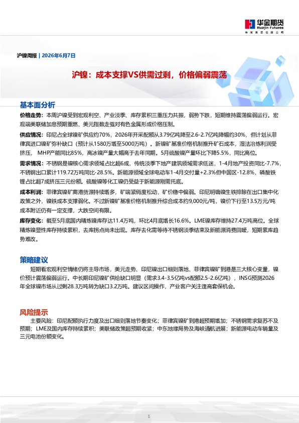 沪镍：成本支撑VS供需过剩，价格偏弱震荡