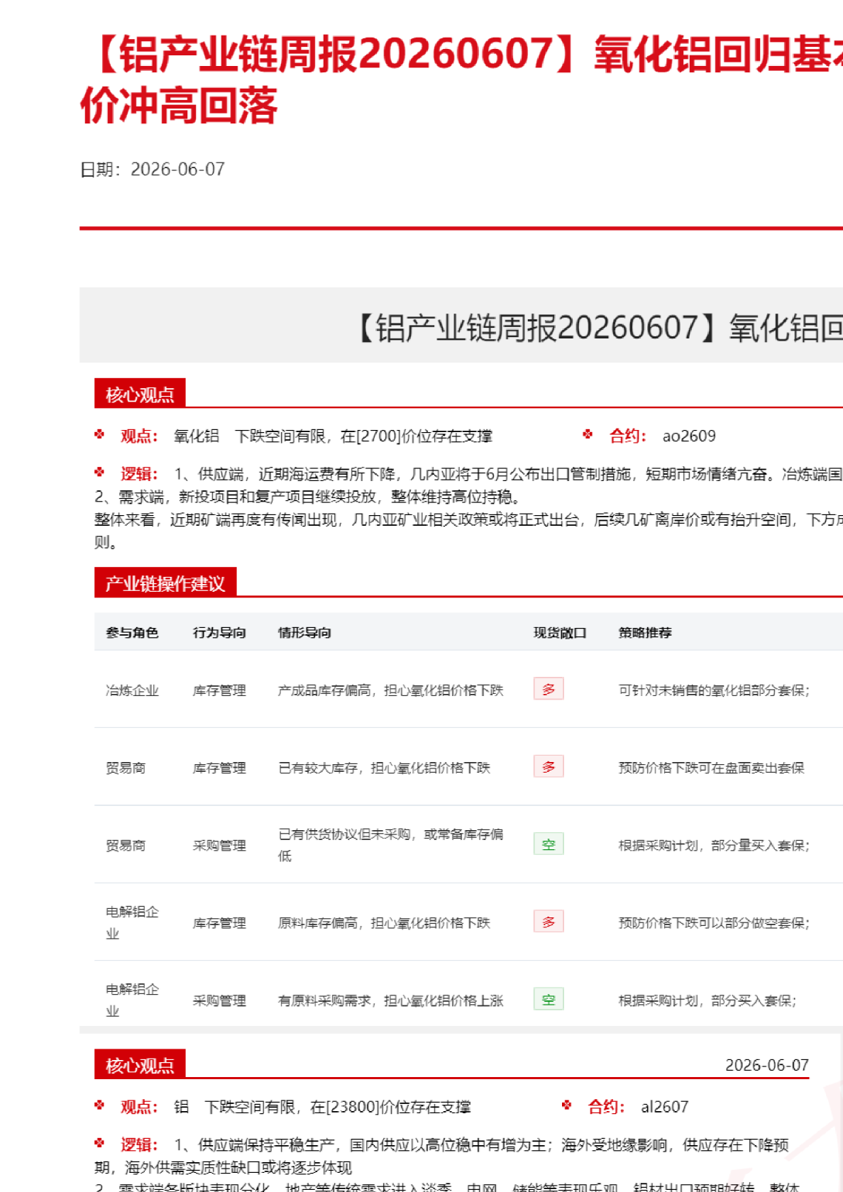 【铝产业链周报】氧化铝回归基本面 市场风险施压铝价冲高回落