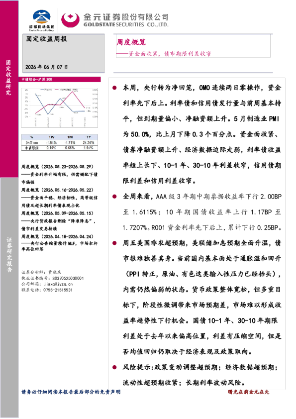 周度概览：资金面收紧，债市期限利差收窄