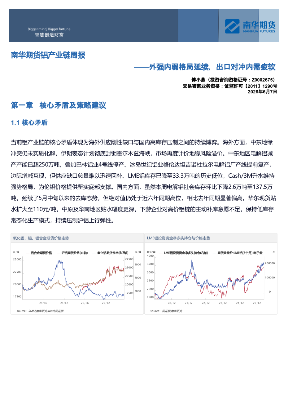 南华铝产业链周报：外强内弱格局延续，出口对冲内需疲软20260608