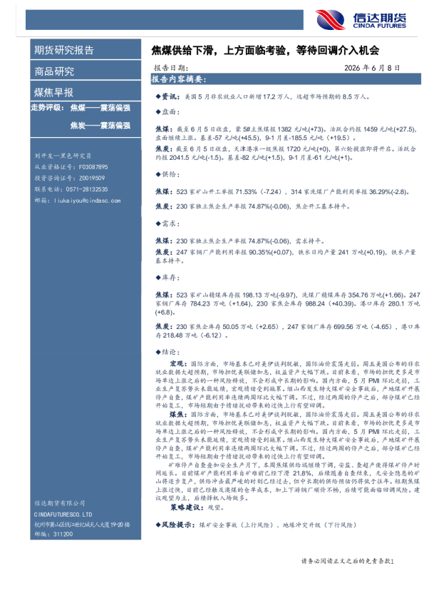 煤焦早报：焦煤供给下滑，上方面临考验，等待回调介入机会