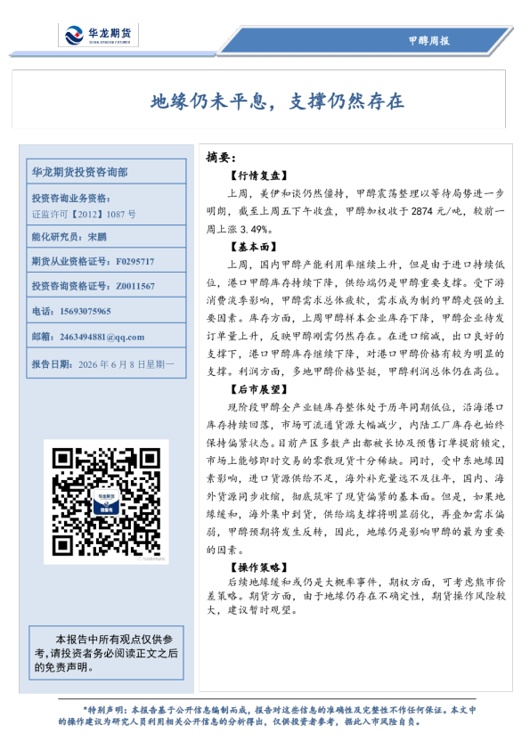 甲醇周报：地缘仍未平息，支撑仍然存在