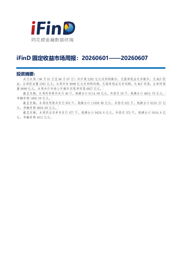 iFinD固定收益市场周报（2026年6月1日——2026年6月7日）