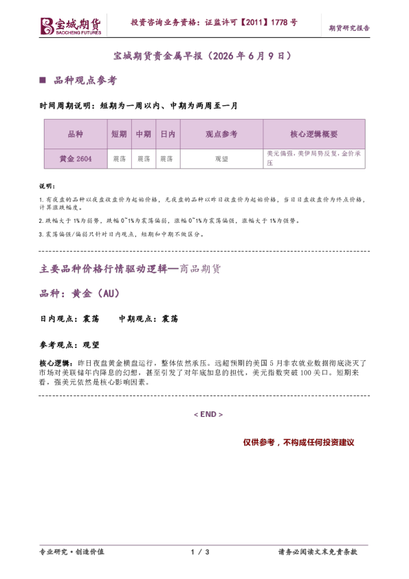 宝城期货贵金属早报（2026年6月9日）