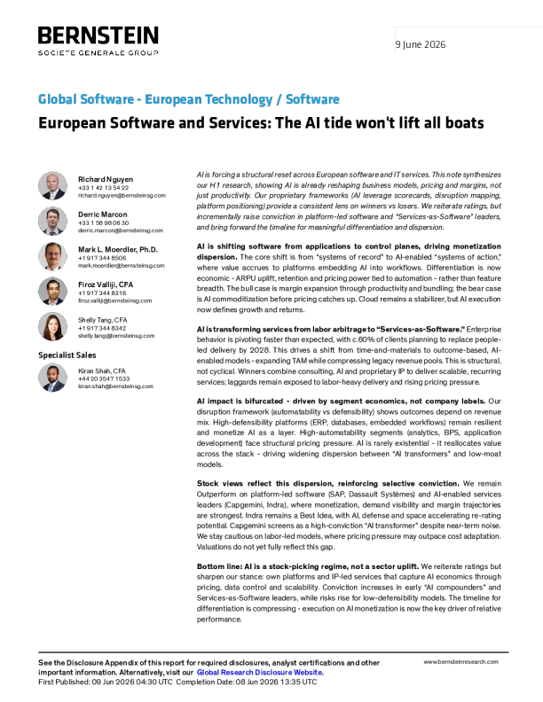 Global Software - European Technology / Software: European software and services: The AI tide will not lift all boats