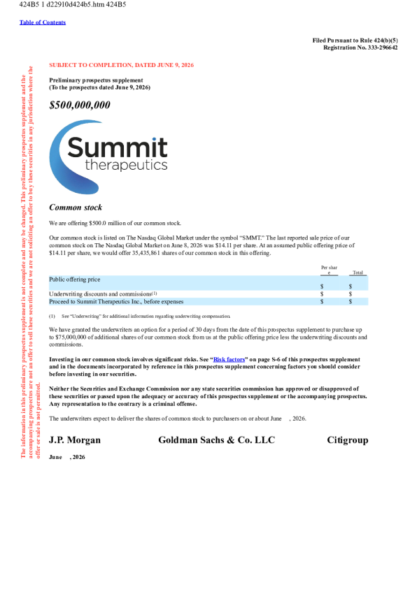 Summit Therapeutics Inc美国首次公开募股招股说明书（2026年6月10日版本）