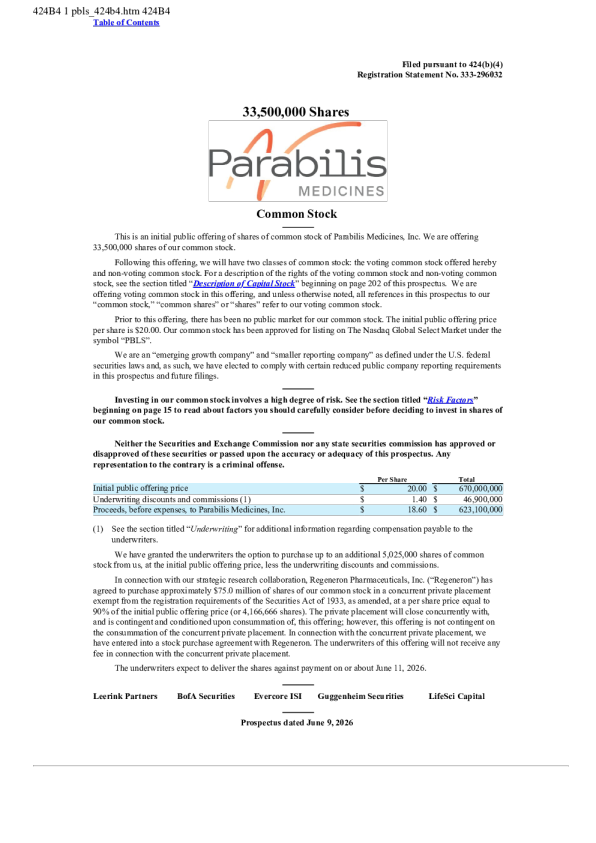 Parabilis Medicines Inc美股招股说明书(2026-06-10版)
