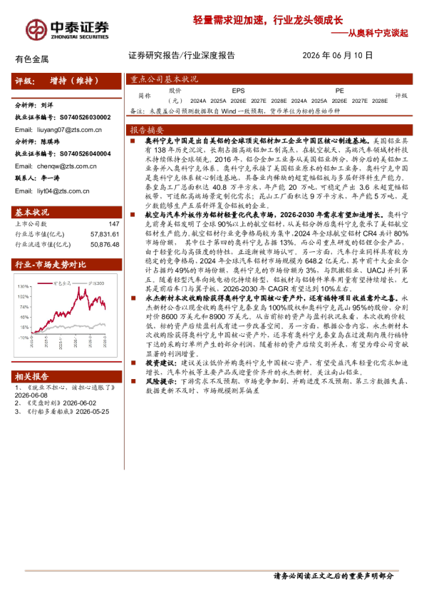 轻量需求迎加速，行业龙头领成长——从奥科宁克谈起