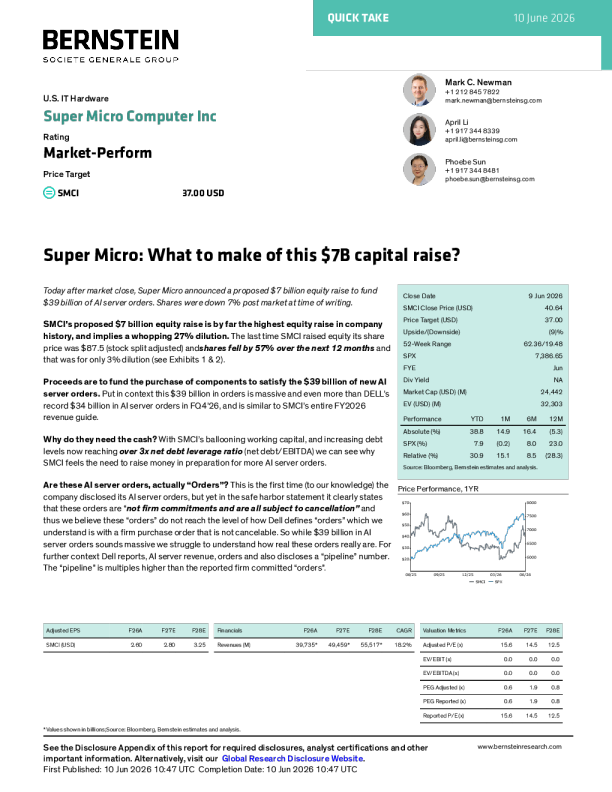 Super Micro Computer Inc.美国IT硬件行业快速报告：70亿美元融资的解读