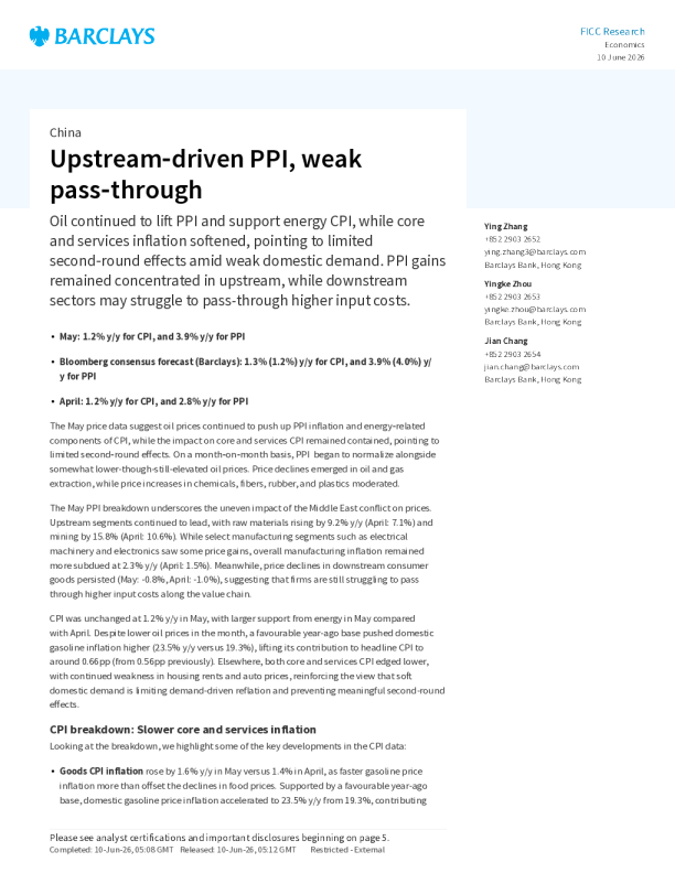 China: The upstream-driven PPI shows weak transmission effect.