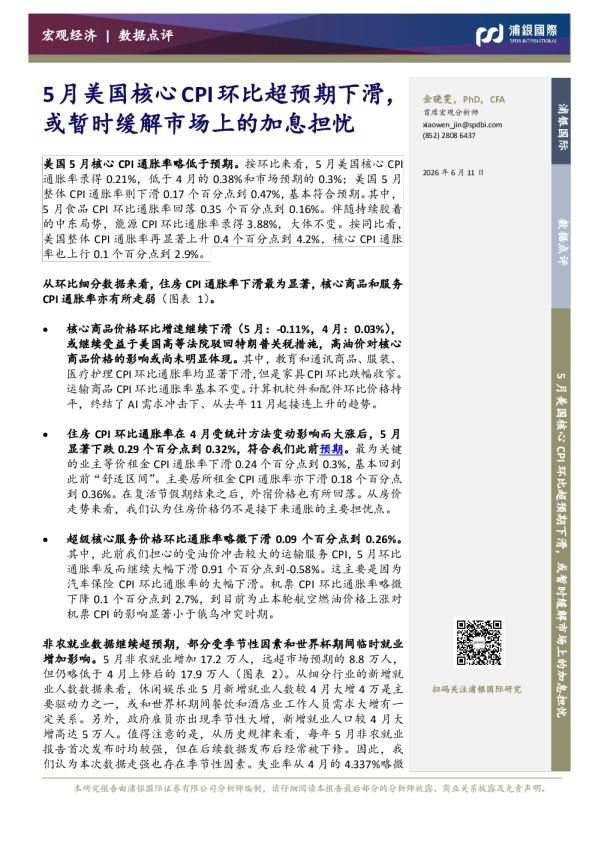 5月美国核心CPI环比超预期下滑，或暂时缓解市场上的加息担忧