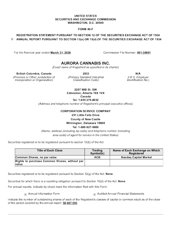 Aurora Cannabis 2025年度报告