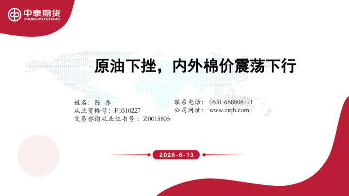 原油下挫，内外棉价震荡下行