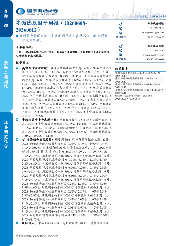 高频选股因子周报（20260608- 20260612）：高频因子表现回暖，多粒度因子多头表现不佳。AI 增强组合表现较弱。