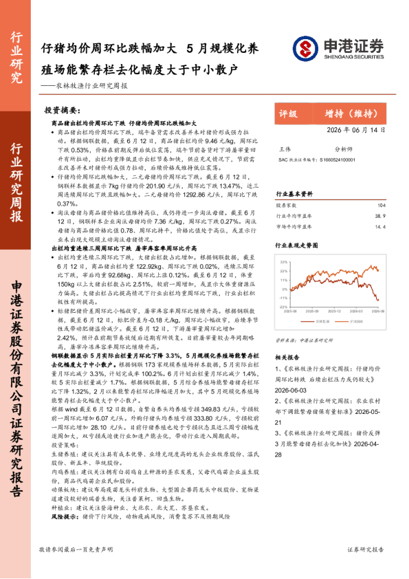 仔猪均价周环比跌幅加大 5月规模化养殖场能繁存栏去化幅度大于中小散户——农林牧渔行业研究周报