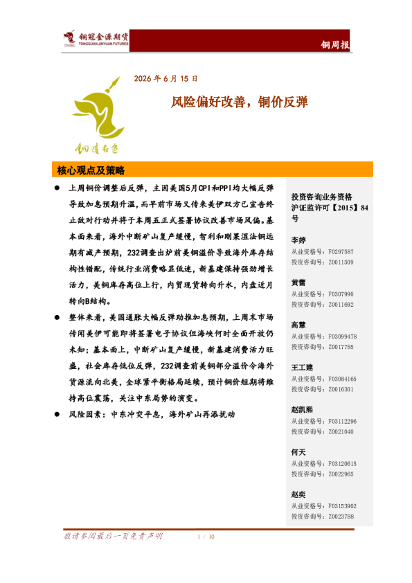 铜周报：风险偏好改善，铜价反弹