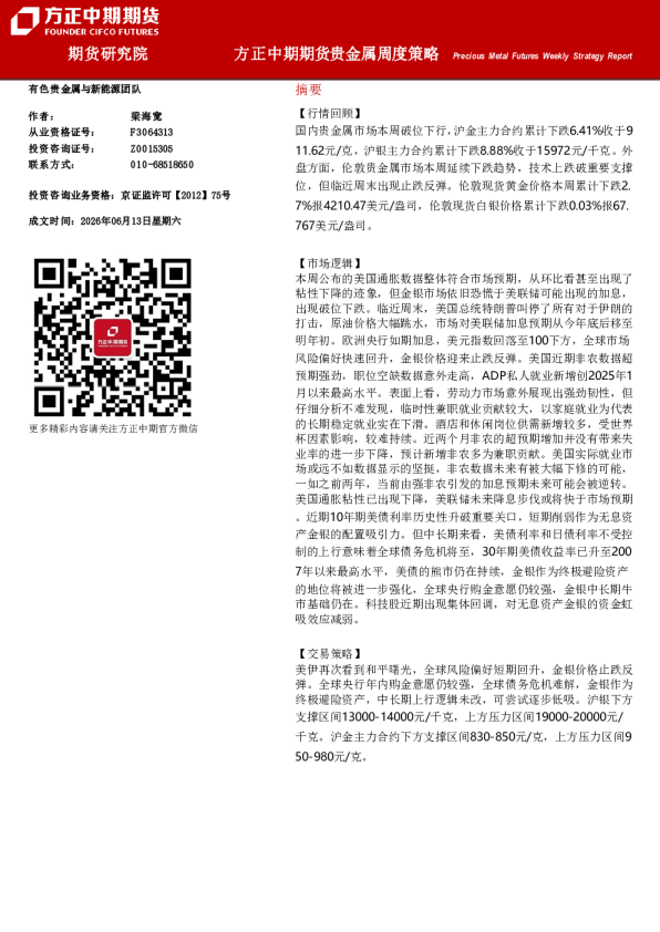 方正中期期货贵金属周度策略