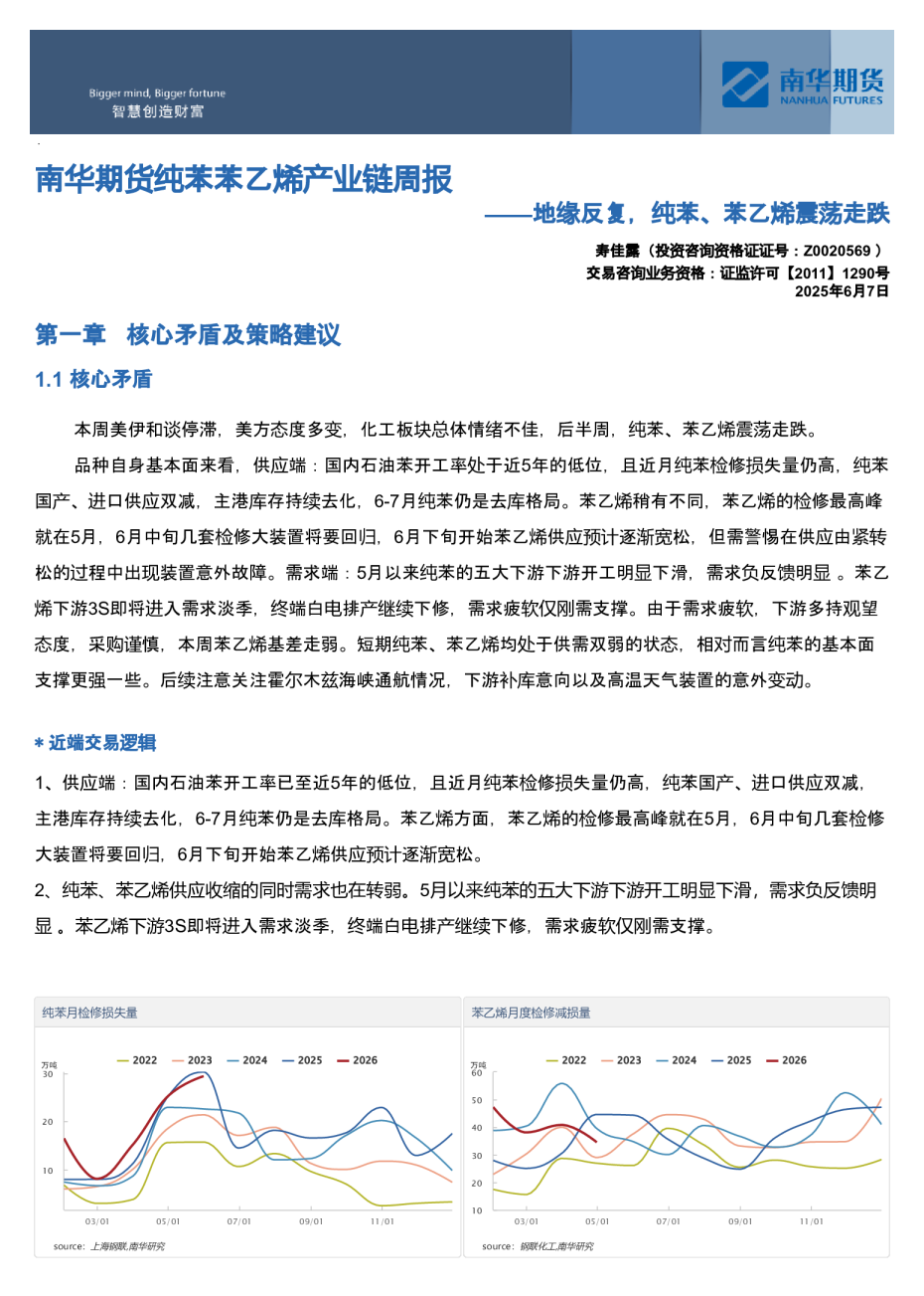 南华期货纯苯苯乙烯产业链周报：地缘反复，纯苯、苯乙烯震荡走跌