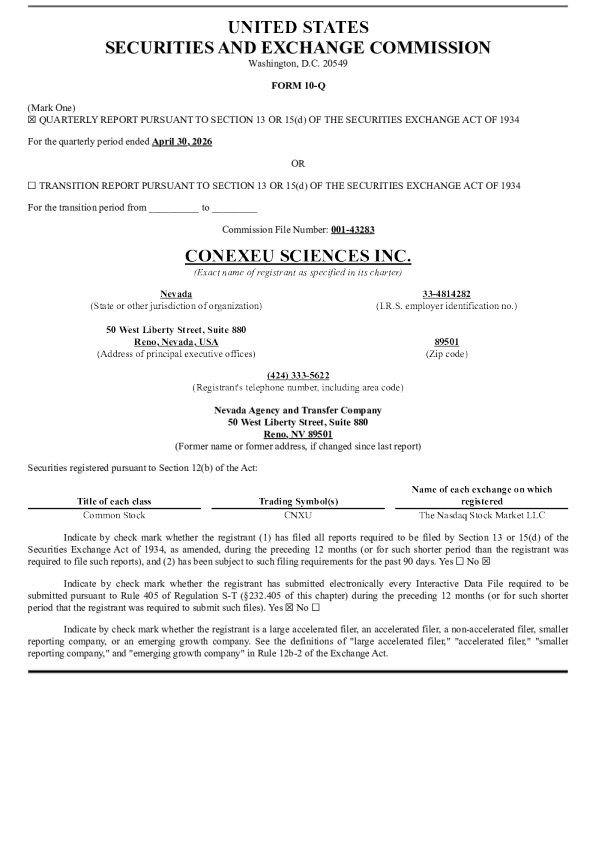 Conexeu Sciences Inc 2026年季度报告