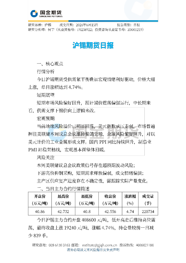 沪锡期货日报