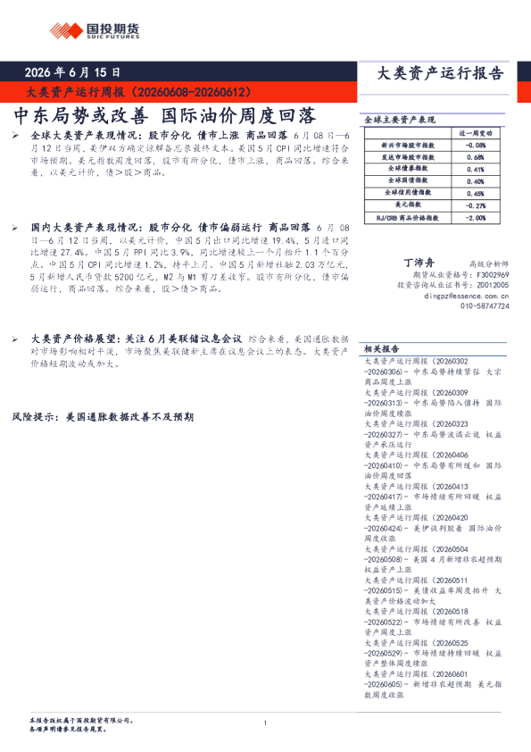 大类资产运行周报：中东局势或改善 国际油价周度回落